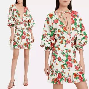 Rhode Anya Floral Puff Sleeve Smocked Ruffle Hem Mini Dress NWT Size Medium